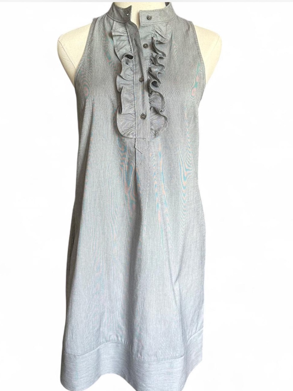 GAP Tuxedo Ruffle Collar Sleeveless Dress with Pockets in Crisp Gray Stripe — 4